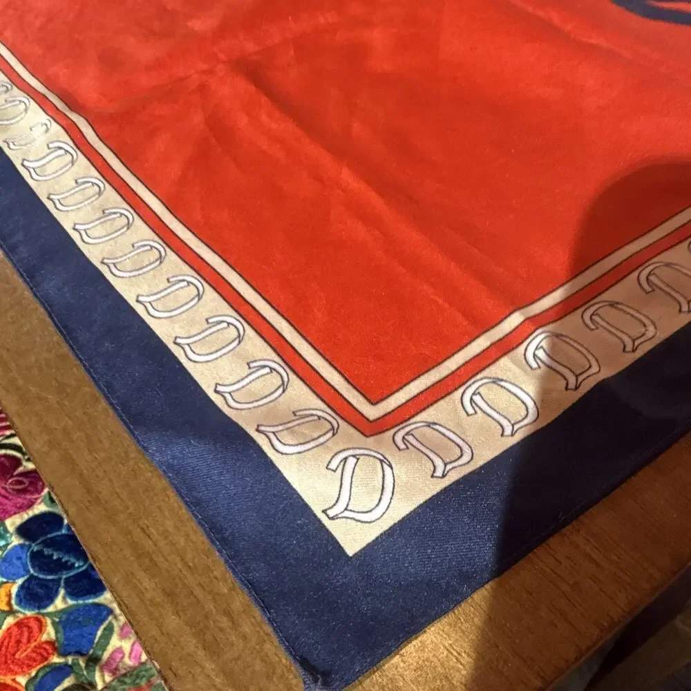 Women's Orange Blue White Silk Satin Square Scarf Logo Border Pattern equestrian